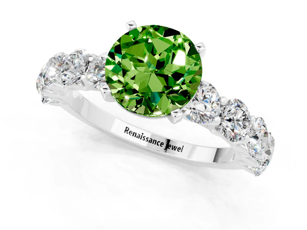 Silver Round Cut Peridot Prong Setting with Side Stones on a Pave Band