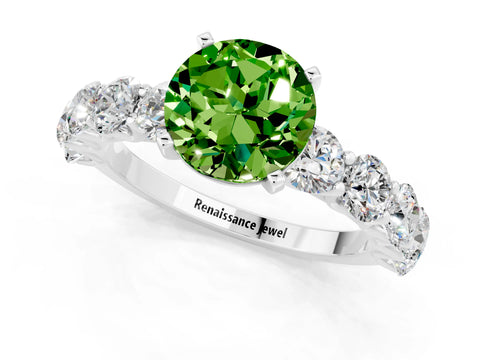 White gold Round Cut Peridot Prong Setting with Side Stones on a Pave Band_1