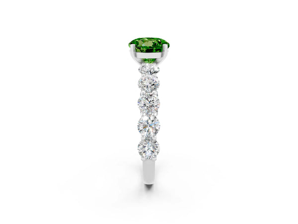 White gold Round Cut Peridot Prong Setting with Side Stones on a Pave Band