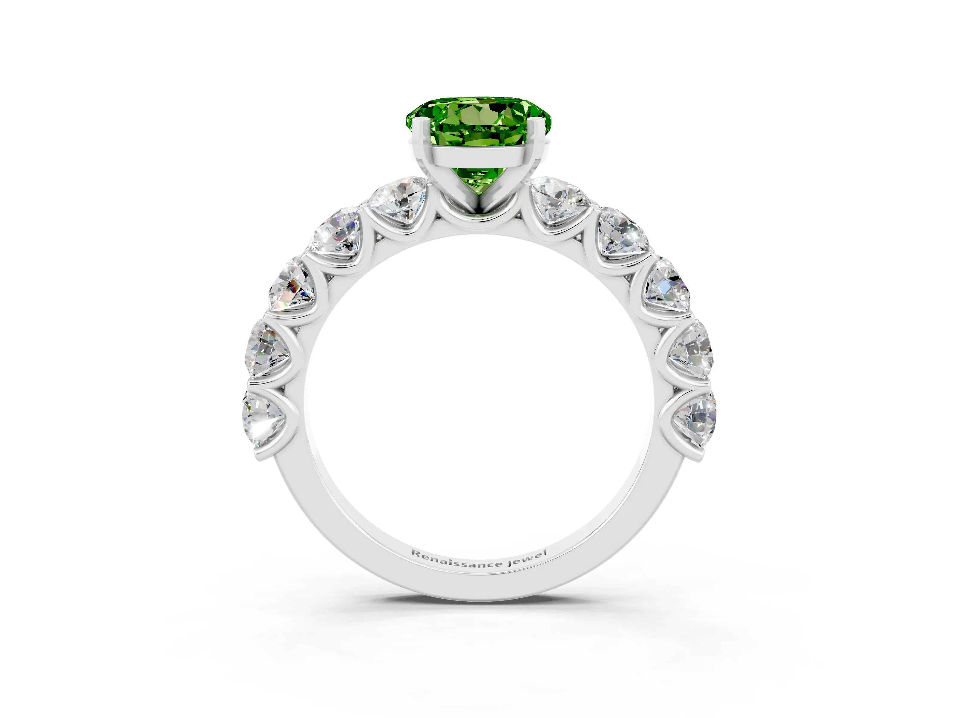 White gold Round Cut Peridot Prong Setting with Side Stones on a Pave Band_3