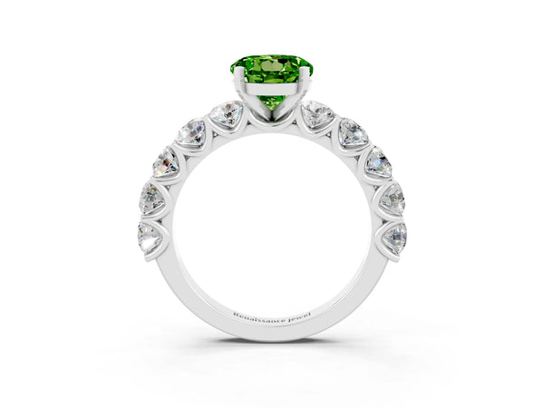 Silver Round Cut Peridot Prong Setting with Side Stones on a Pave Band