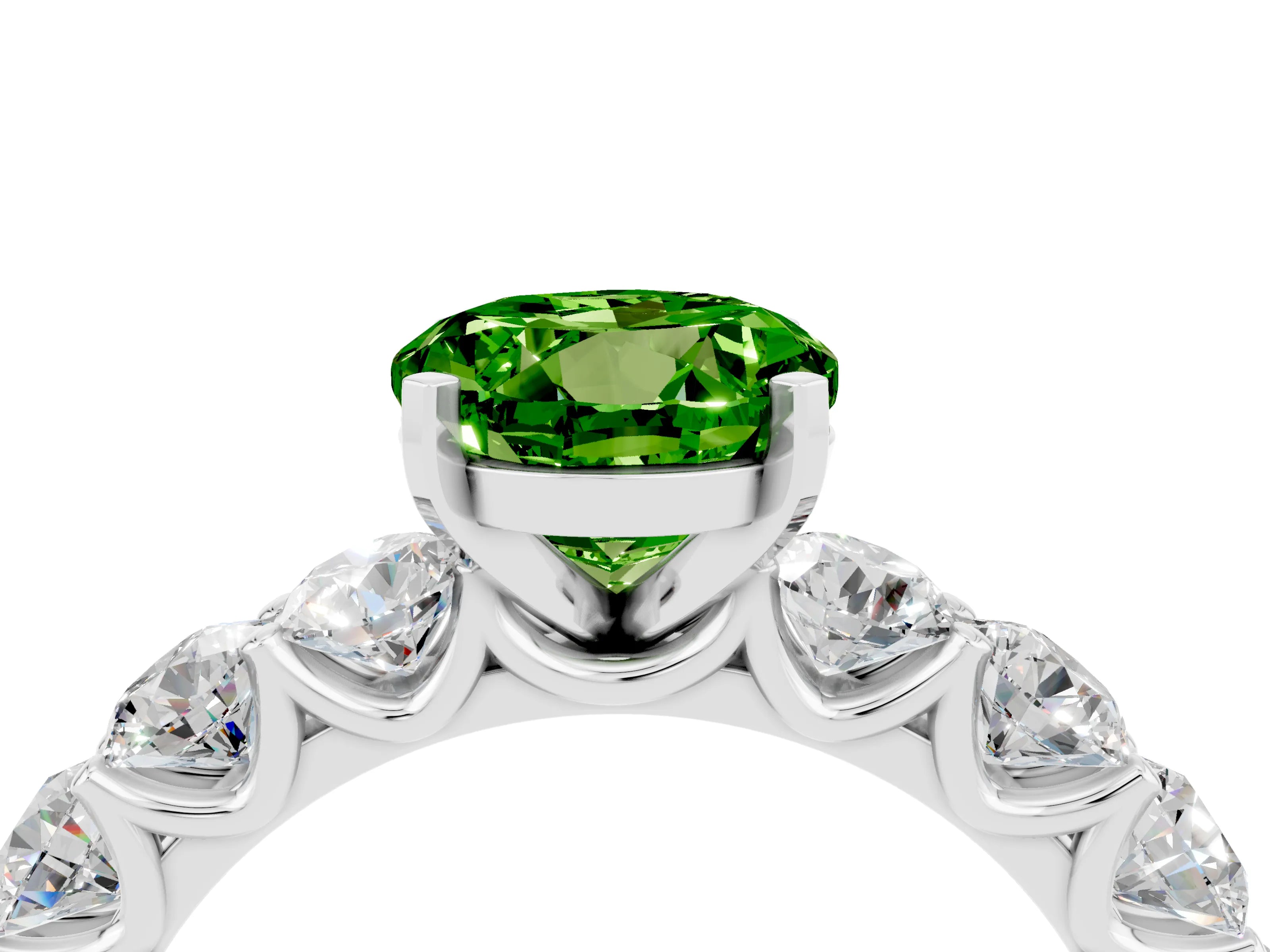 White gold Round Cut Peridot Prong Setting with Side Stones on a Pave Band_4