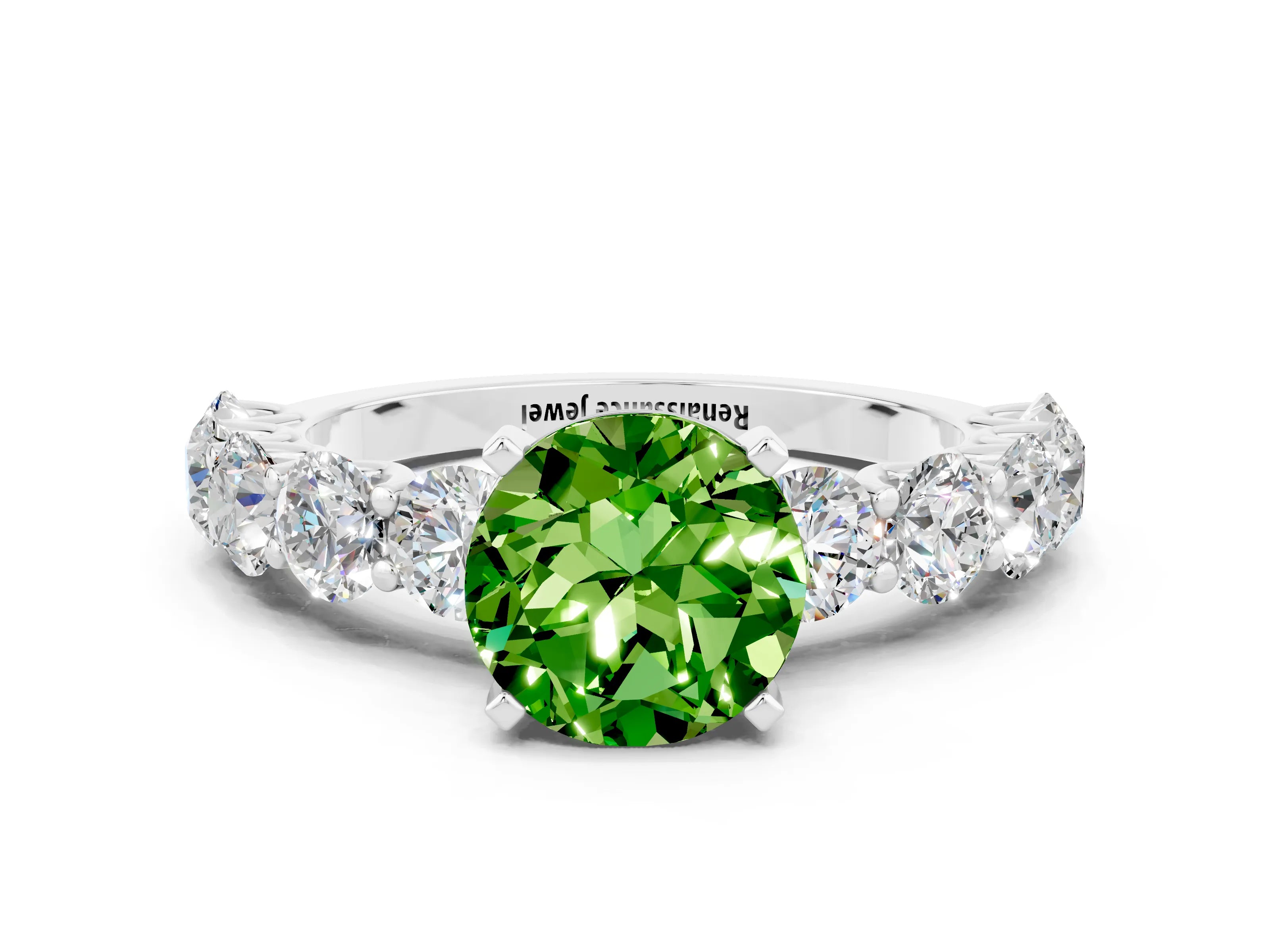 White gold Round Cut Peridot Prong Setting with Side Stones on a Pave Band