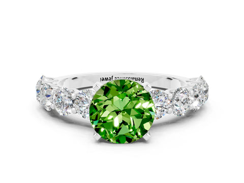 White gold Round Cut Peridot Prong Setting with Side Stones on a Pave Band