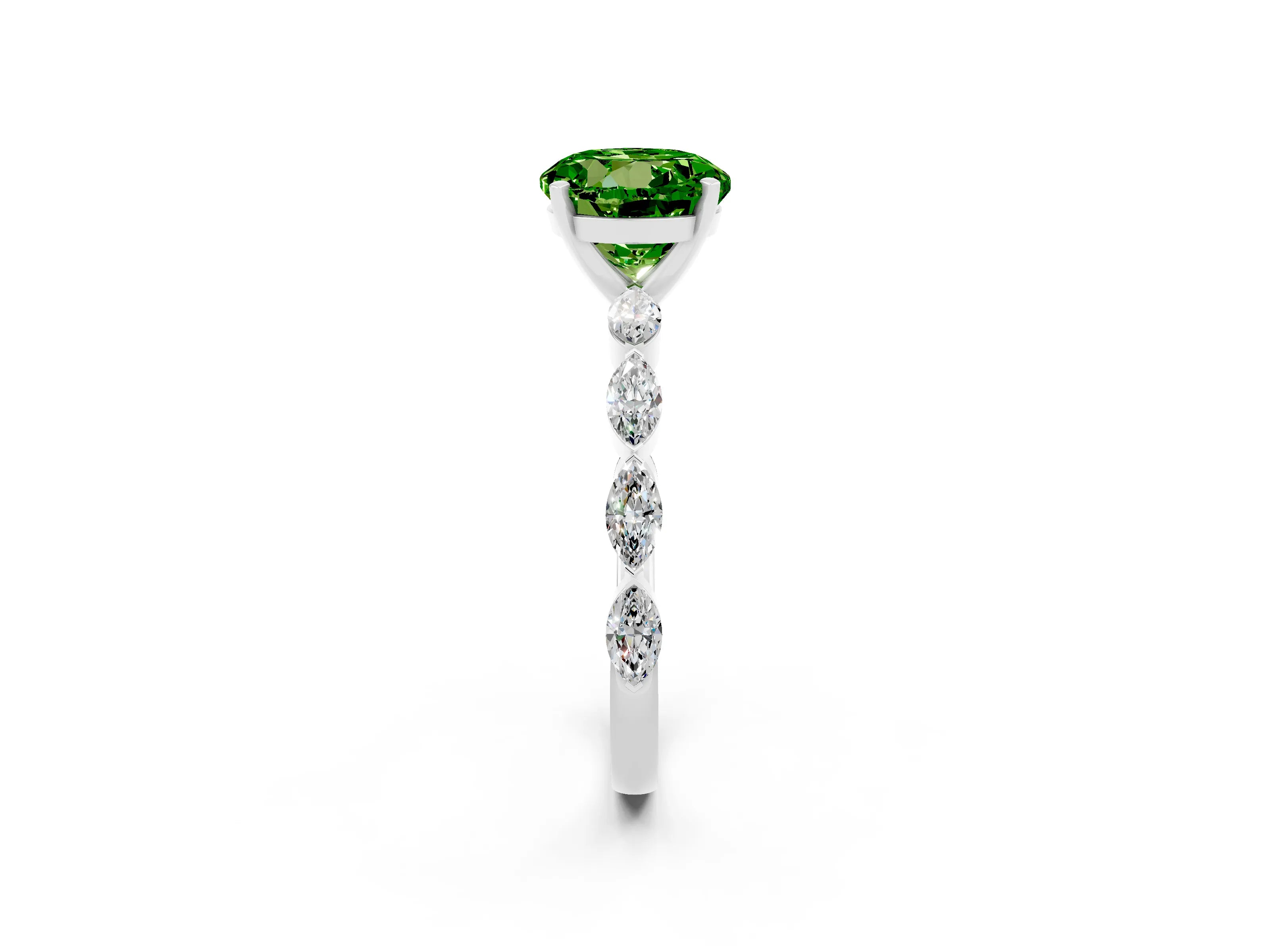 White gold Round Cut Peridot Ring with Marquise Side Stones and Prong Setting_2