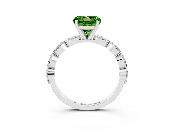 Platinum Round Cut Peridot Ring with Marquise Side Stones and Prong Setting