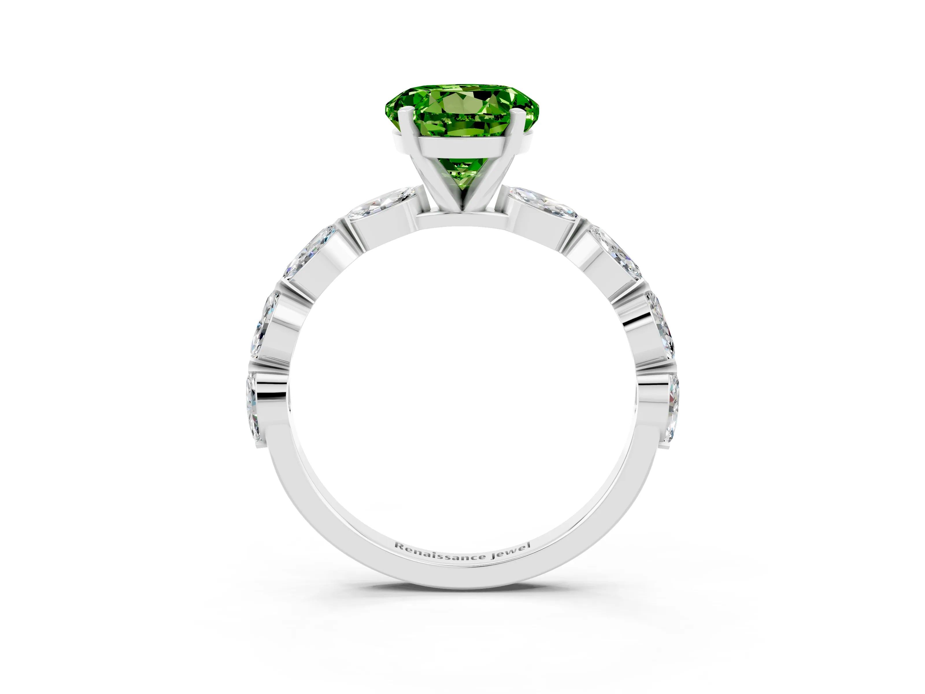 White gold Round Cut Peridot Ring with Marquise Side Stones and Prong Setting_3