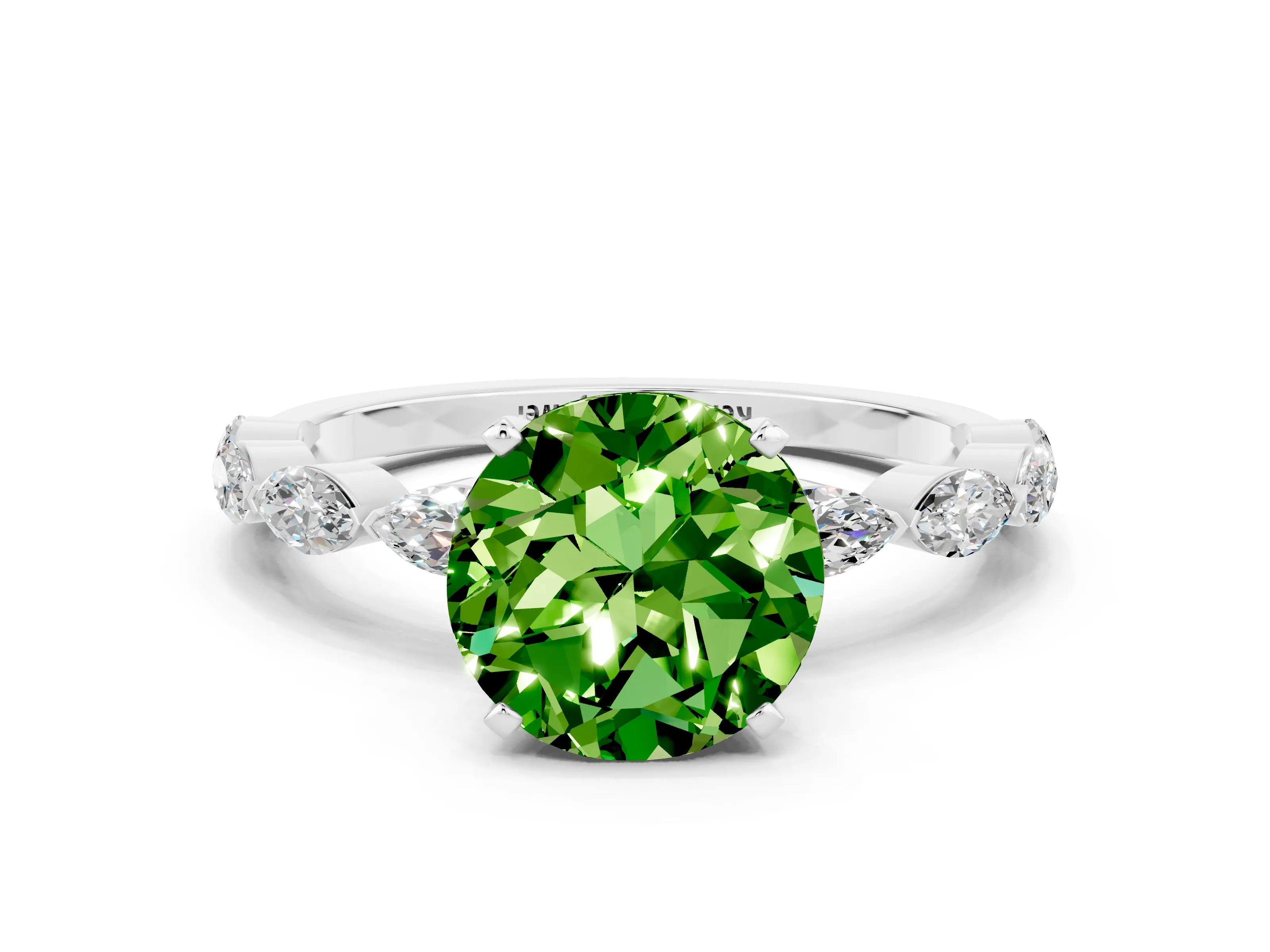 White gold Round Cut Peridot Ring with Marquise Side Stones and Prong Setting