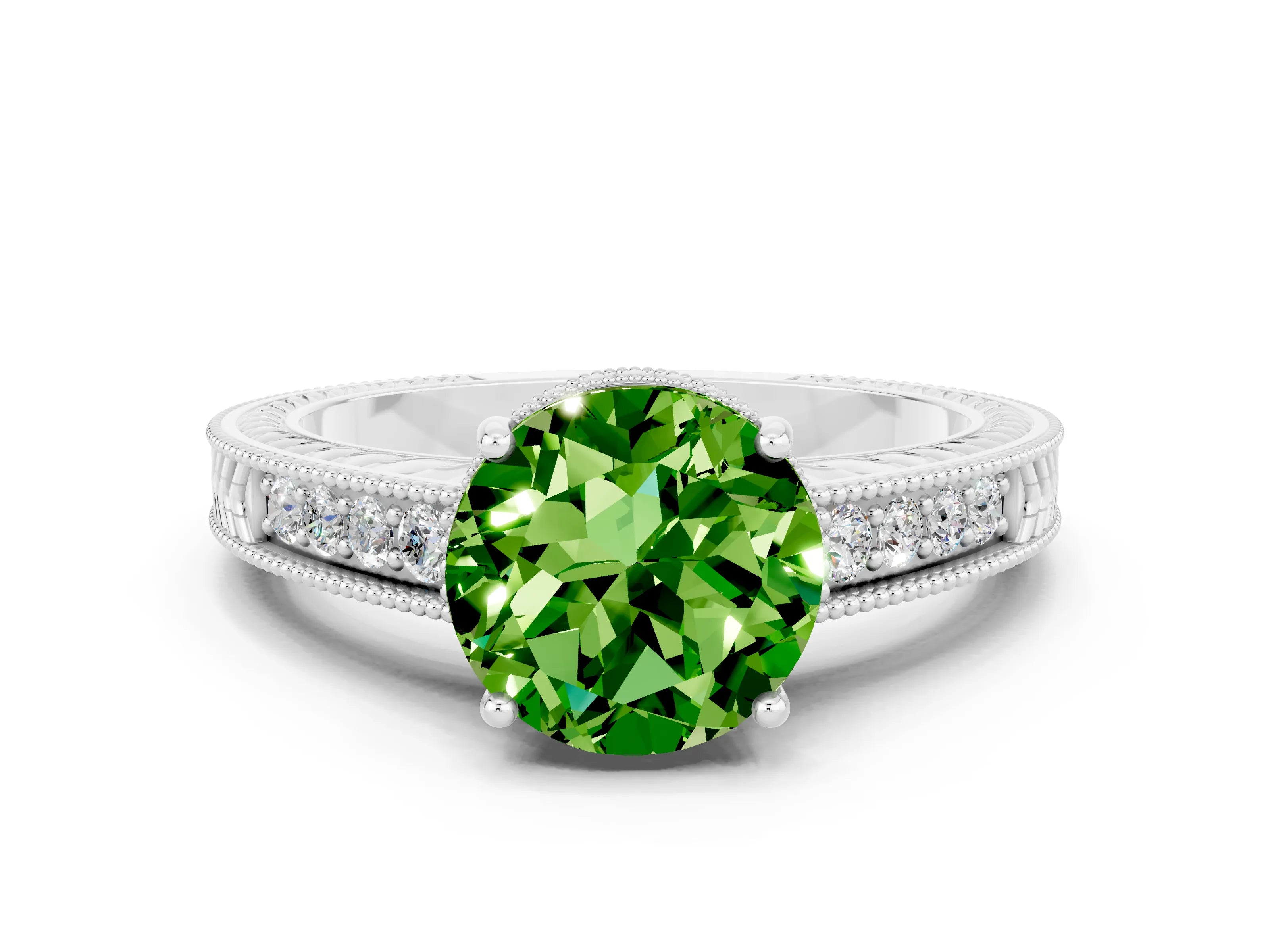 White gold Round Cut Peridot Ring with Milgrain Pavé Band and Four-Prong Setting_12
