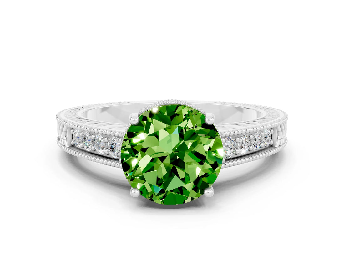 White gold Round Cut Peridot Ring with Milgrain Pavé Band and Four-Prong Setting_12