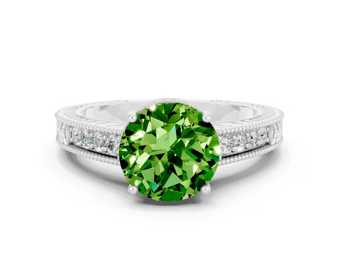 White gold Round Cut Peridot Ring with Milgrain Pavé Band and Four-Prong Setting_12