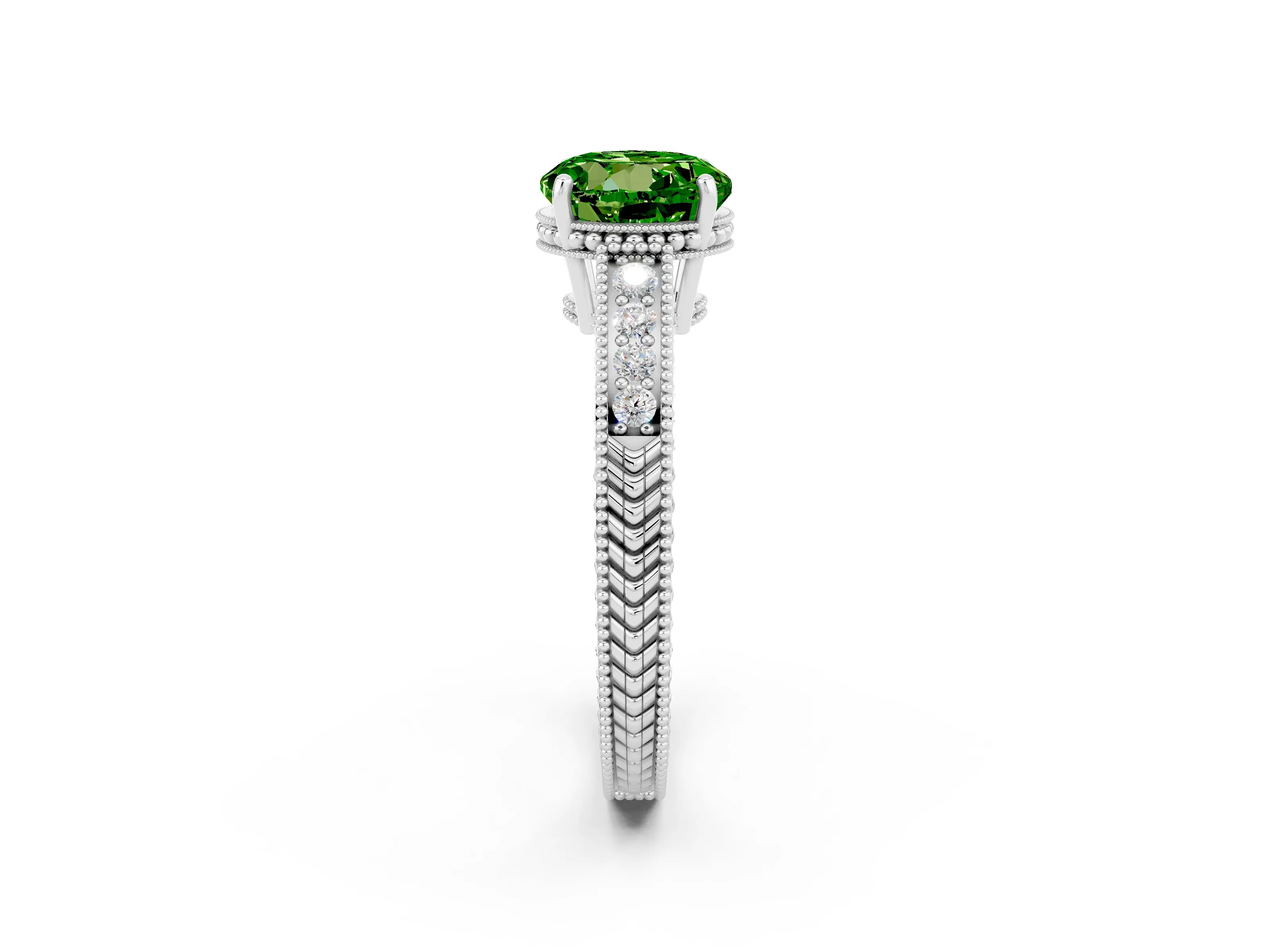 White gold Round Cut Peridot Ring with Milgrain Pavé Band and Four-Prong Setting_14