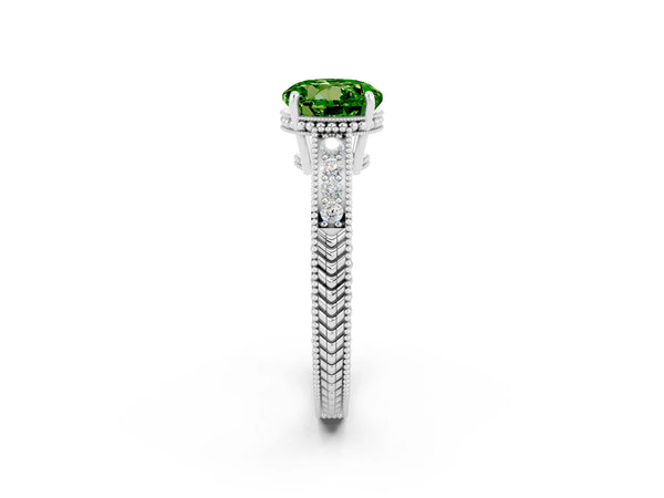 Platinum Round Cut Peridot Ring with Milgrain Pavé Band and Four-Prong Setting
