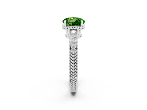 White gold Round Cut Peridot Ring with Milgrain Pavé Band and Four-Prong Setting_14