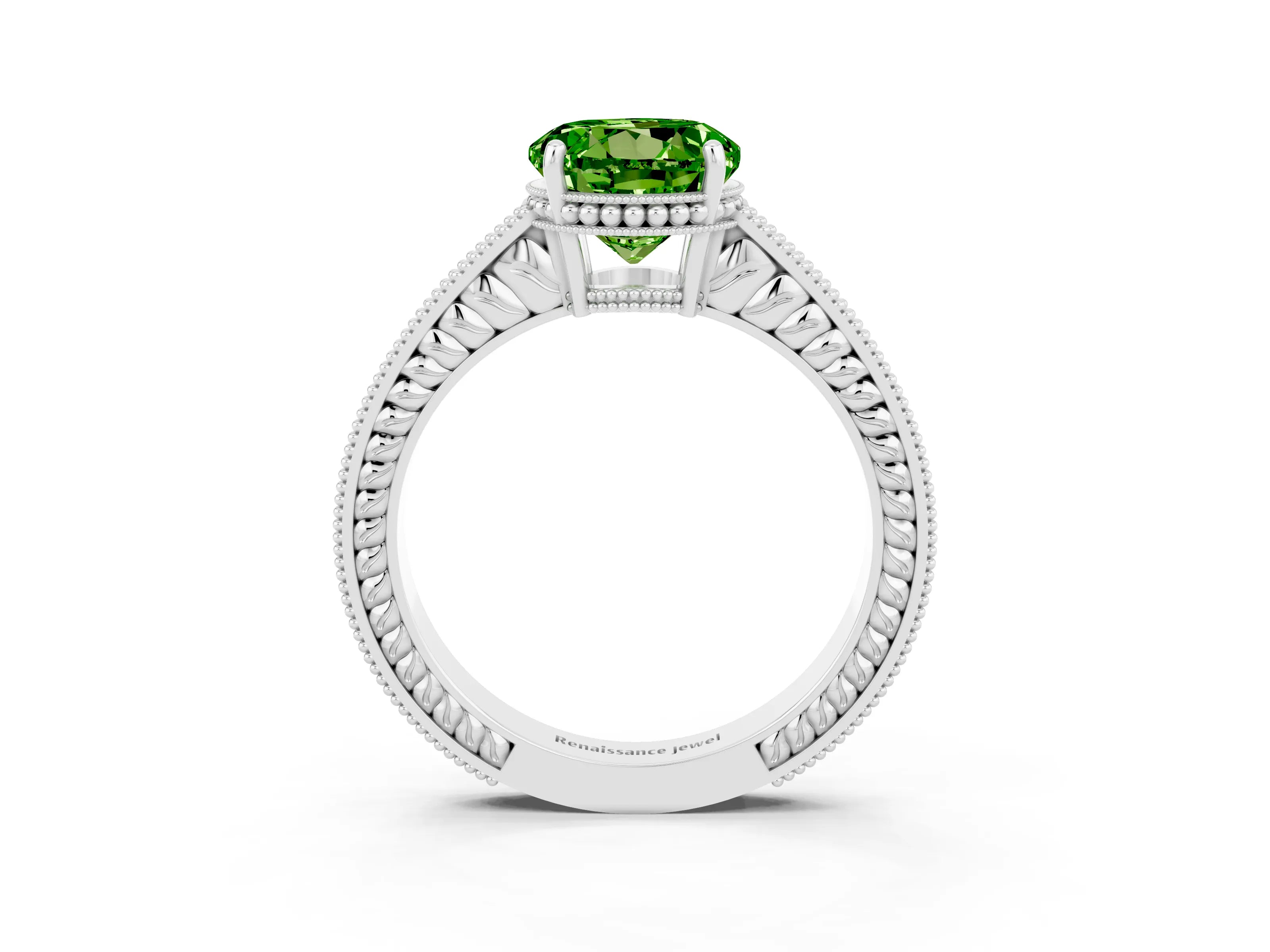 White gold Round Cut Peridot Ring with Milgrain Pavé Band and Four-Prong Setting_15