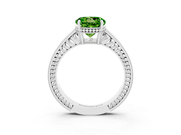 Platinum Round Cut Peridot Ring with Milgrain Pavé Band and Four-Prong Setting