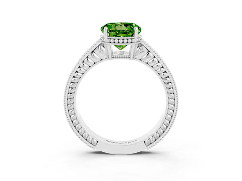 White gold Round Cut Peridot Ring with Milgrain Pavé Band and Four-Prong Setting_15