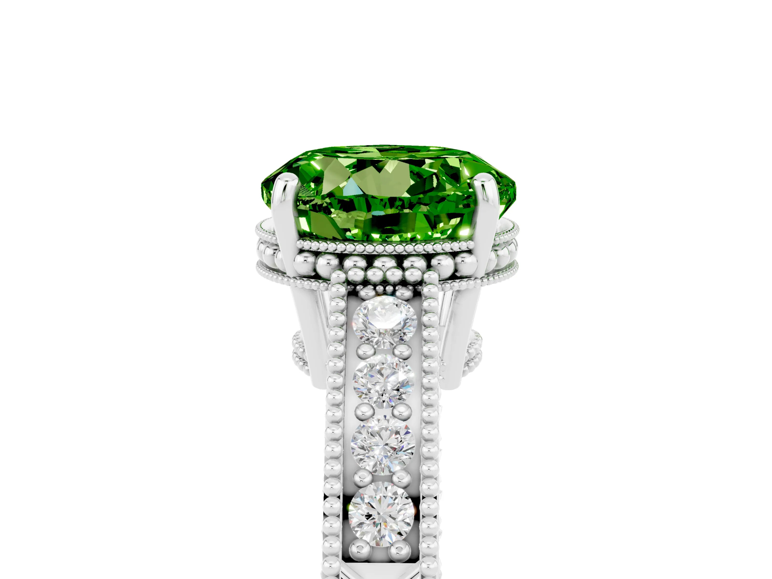 White gold Round Cut Peridot Ring with Milgrain Pavé Band and Four-Prong Setting_17