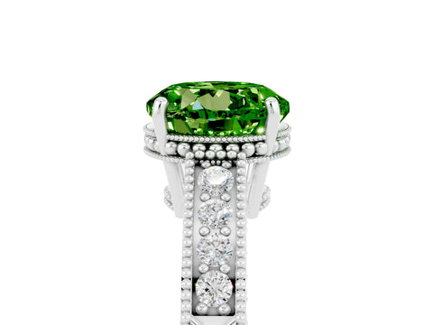 White gold Round Cut Peridot Ring with Milgrain Pavé Band and Four-Prong Setting_17