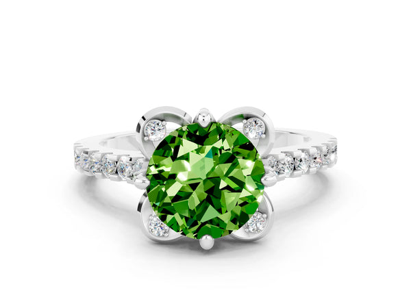 Platinum Round Cut Peridot Ring with Pavé Band and Floral Prong Setting