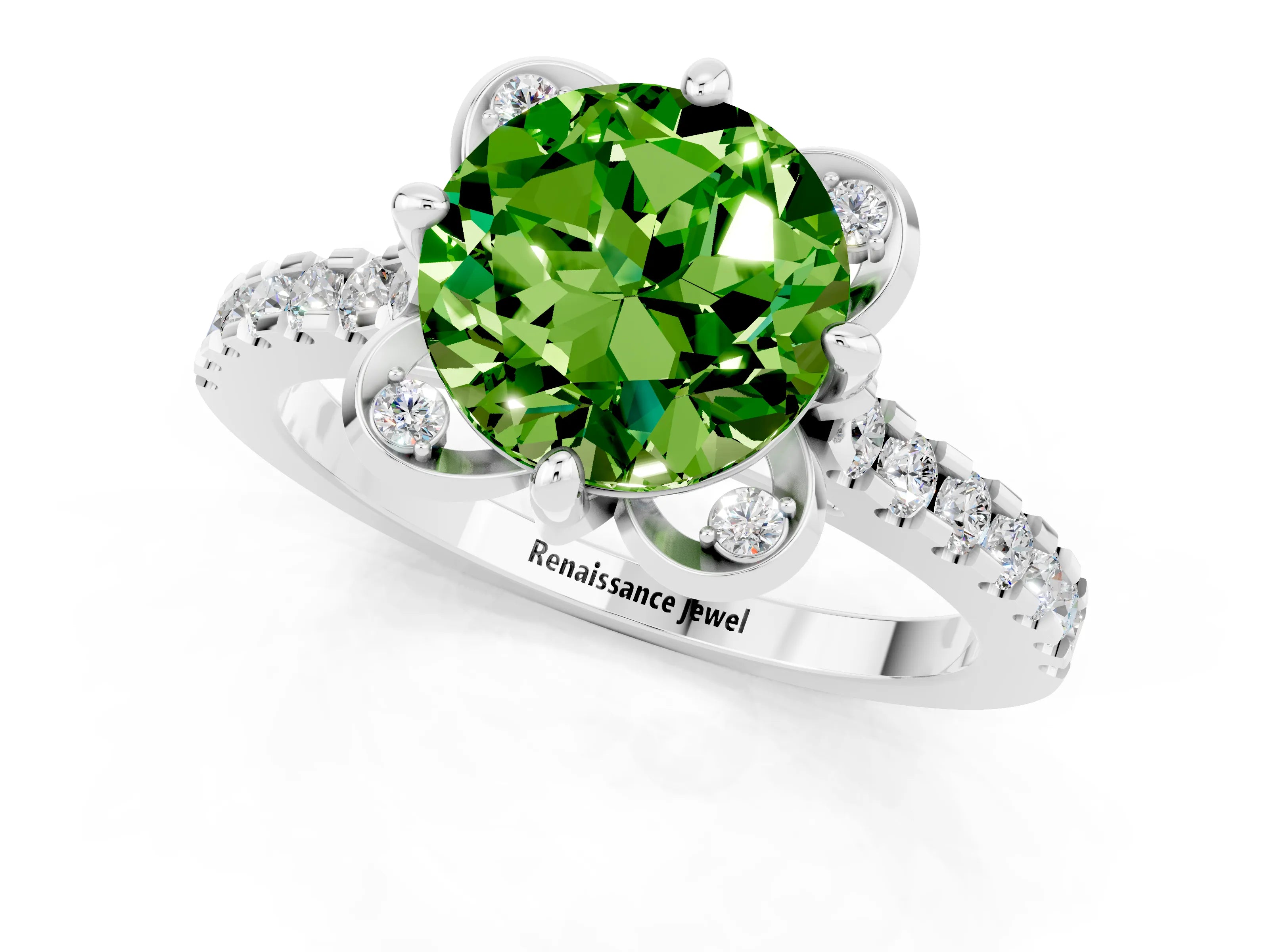 White gold Round Cut Peridot Ring with Pavé Band and Floral Prong Setting_1