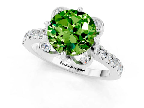 White gold Round Cut Peridot Ring with Pavé Band and Floral Prong Setting_1