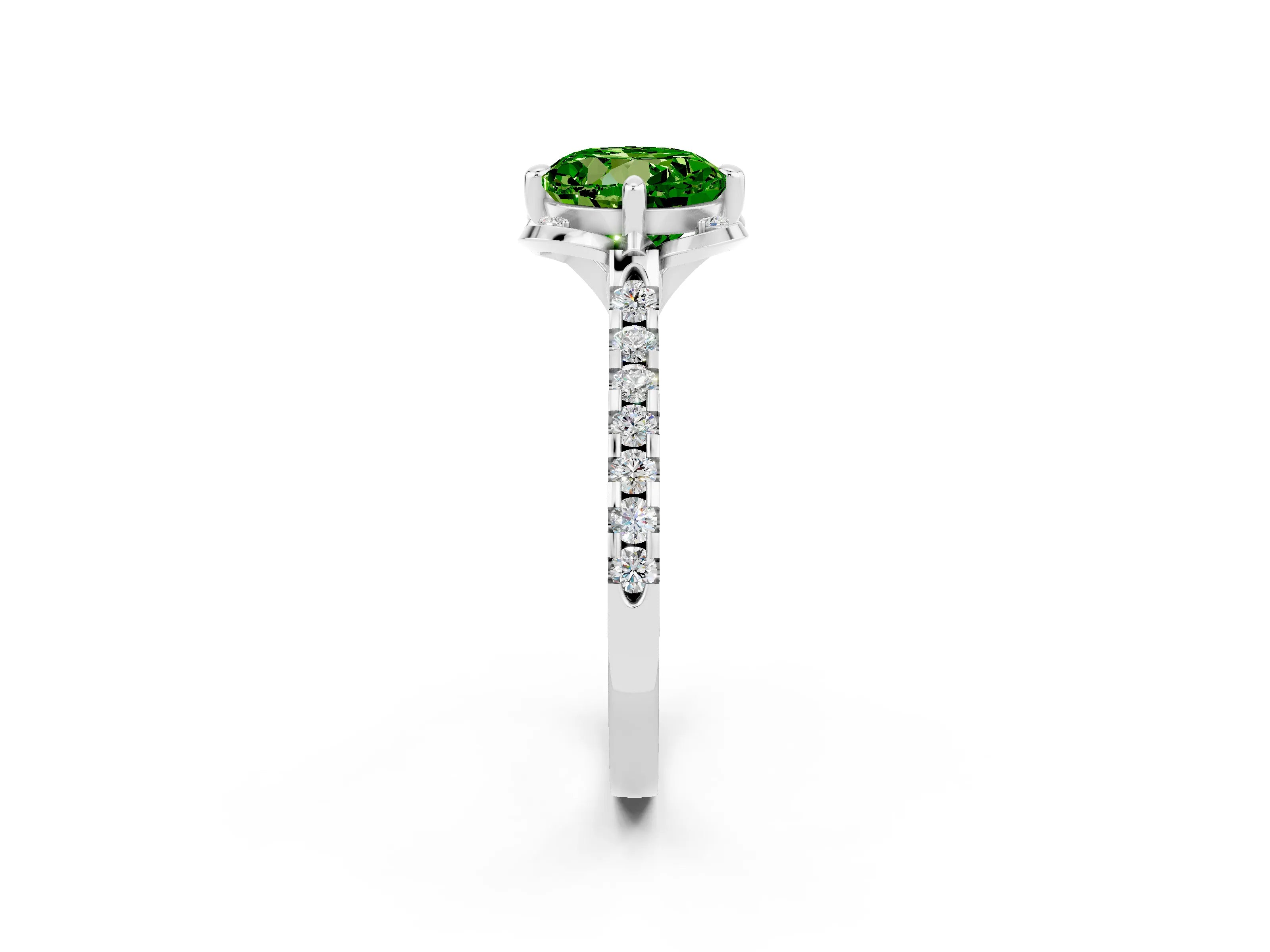 White gold Round Cut Peridot Ring with Pavé Band and Floral Prong Setting_2