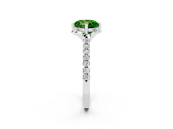 Silver Round Cut Peridot Ring with Pavé Band and Floral Prong Setting