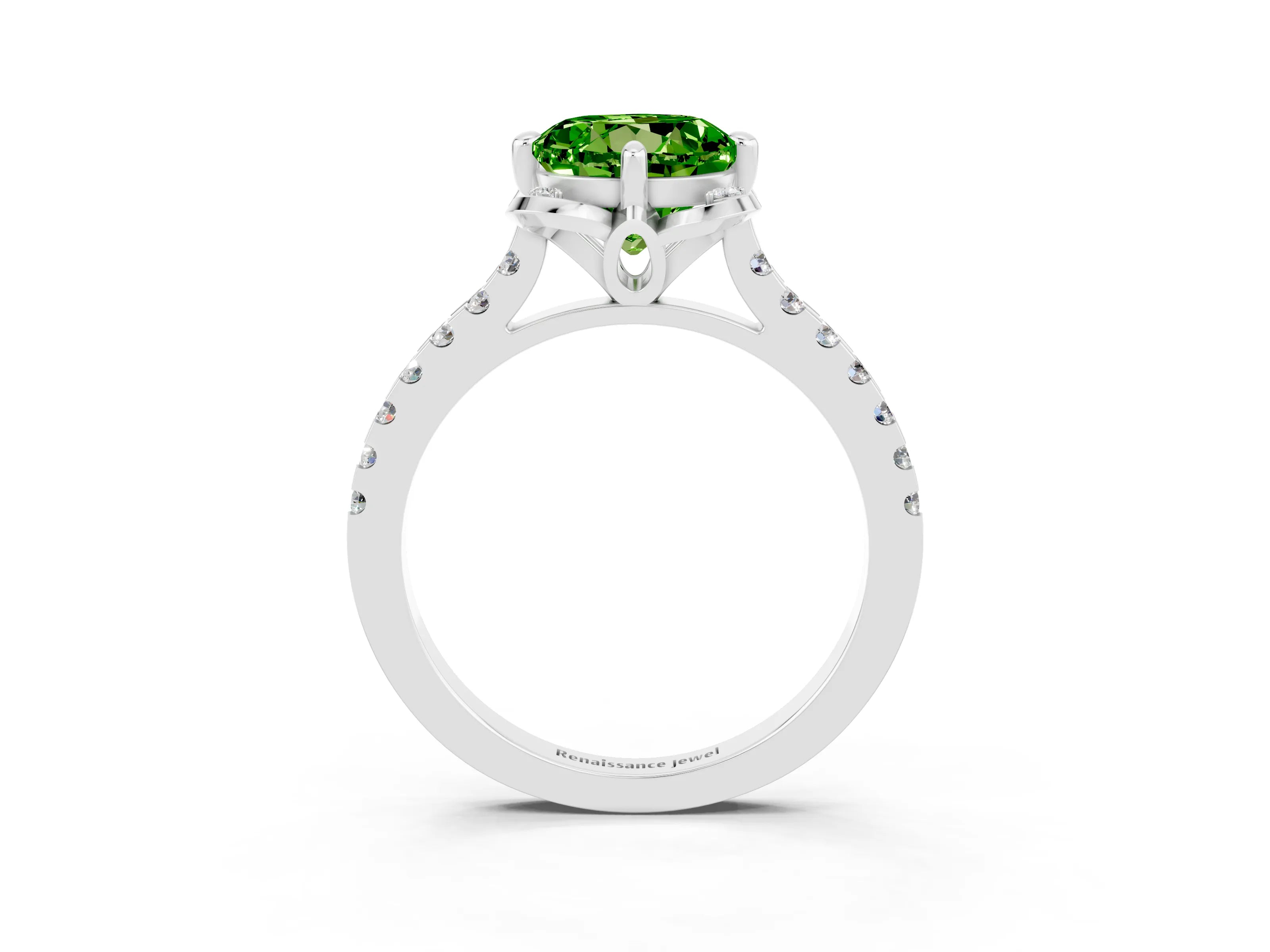 White gold Round Cut Peridot Ring with Pavé Band and Floral Prong Setting_3