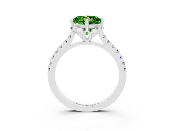 Platinum Round Cut Peridot Ring with Pavé Band and Floral Prong Setting