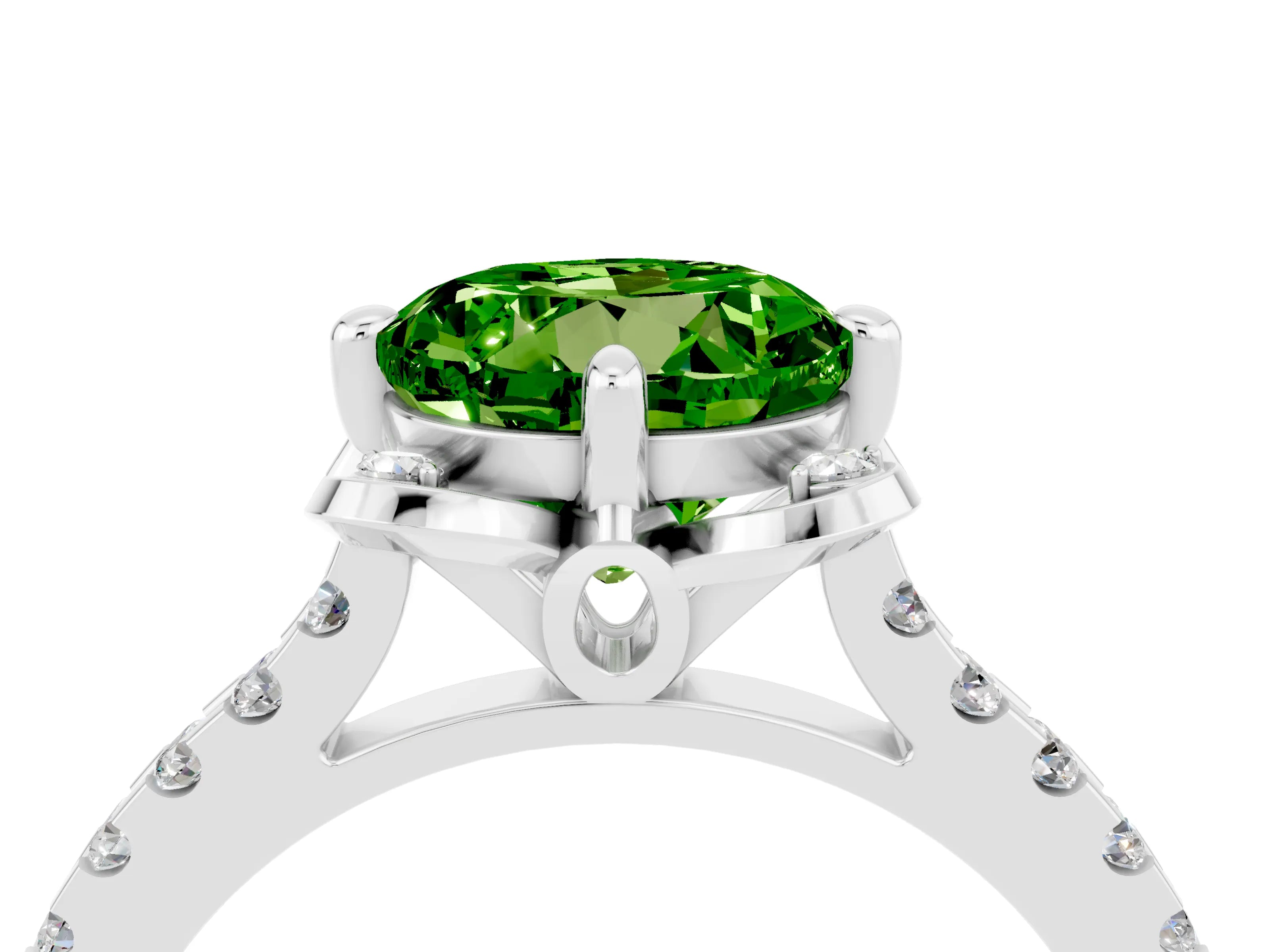 White gold Round Cut Peridot Ring with Pavé Band and Floral Prong Setting_4