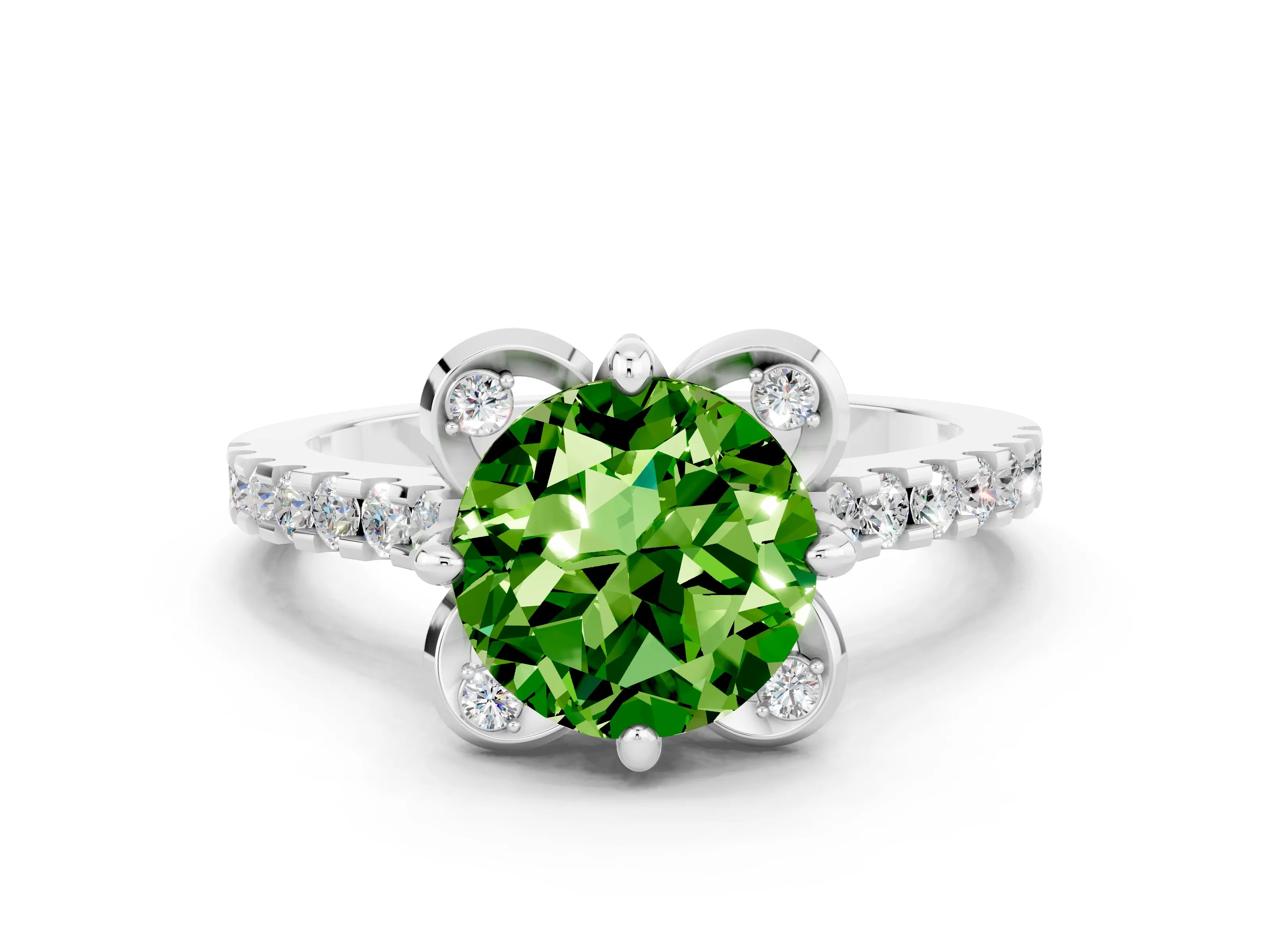 White gold Round Cut Peridot Ring with Pavé Band and Floral Prong Setting