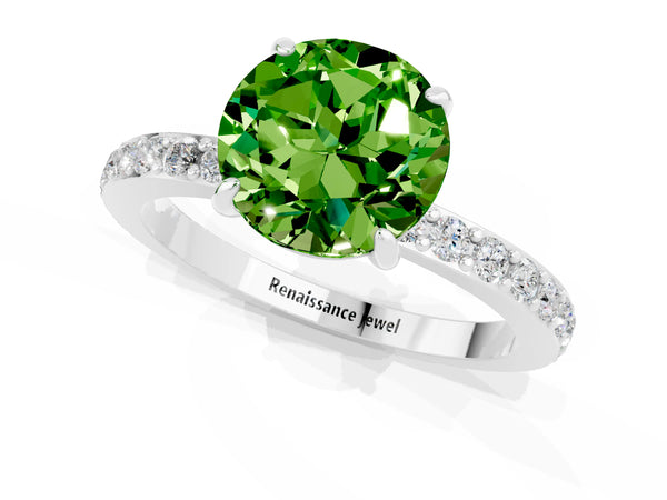 Platinum Round Cut Peridot Pavé Engagement Ring with Round  Accents and Prong Setting