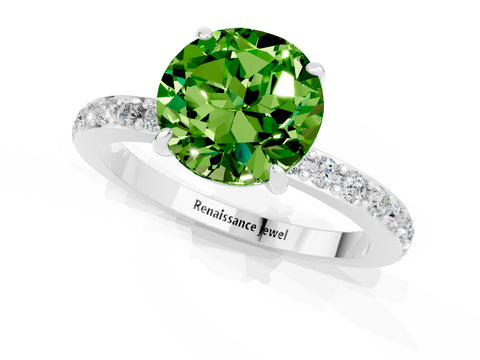 White gold Round Cut Peridot Ring with Pavé Band and Four-Prong Setting_1