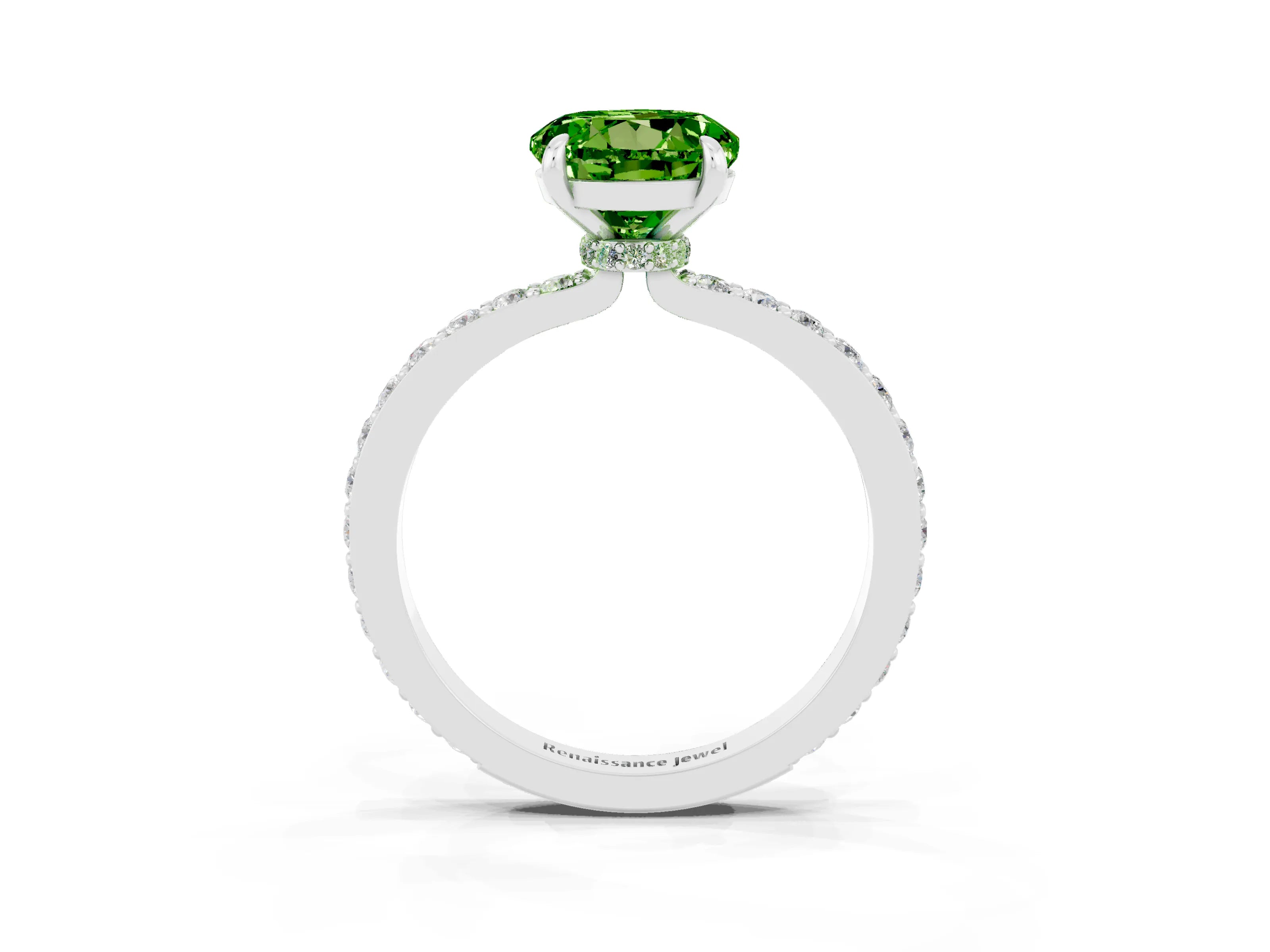White gold Round Cut Peridot Ring with Pavé Band and Four-Prong Setting_3