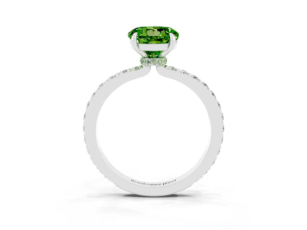 Silver Round Cut Peridot Pavé Engagement Ring with Round  Accents and Prong Setting