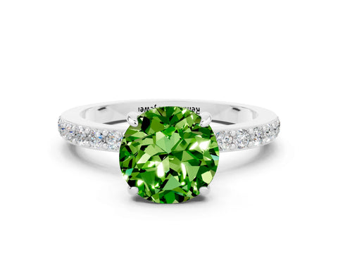 White gold Round Cut Peridot Ring with Pavé Band and Four-Prong Setting