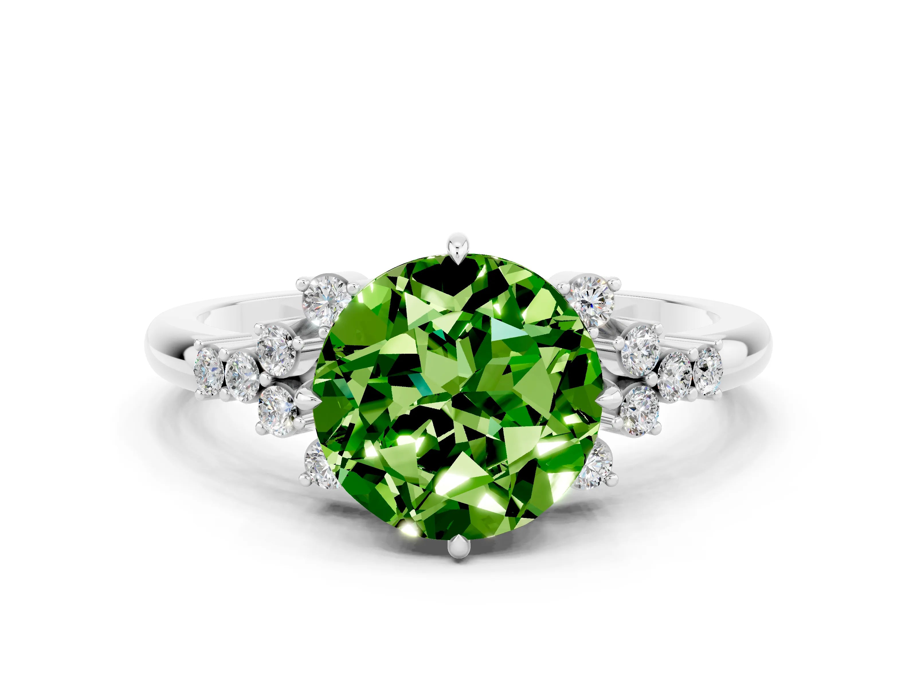 White gold Round Cut Peridot Ring with Side Stones and Four-Prong Setting_36