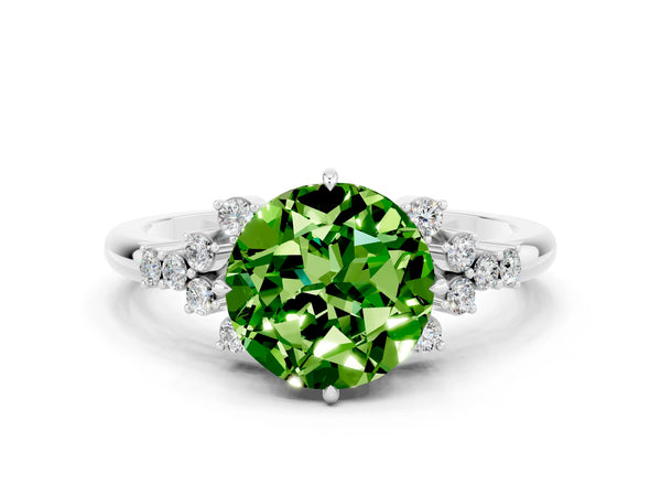 Platinum Round Cut Peridot Ring with Side Stones and Four-Prong Setting