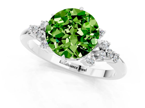 Platinum Round Cut Peridot Ring with Side Stones and Four-Prong Setting