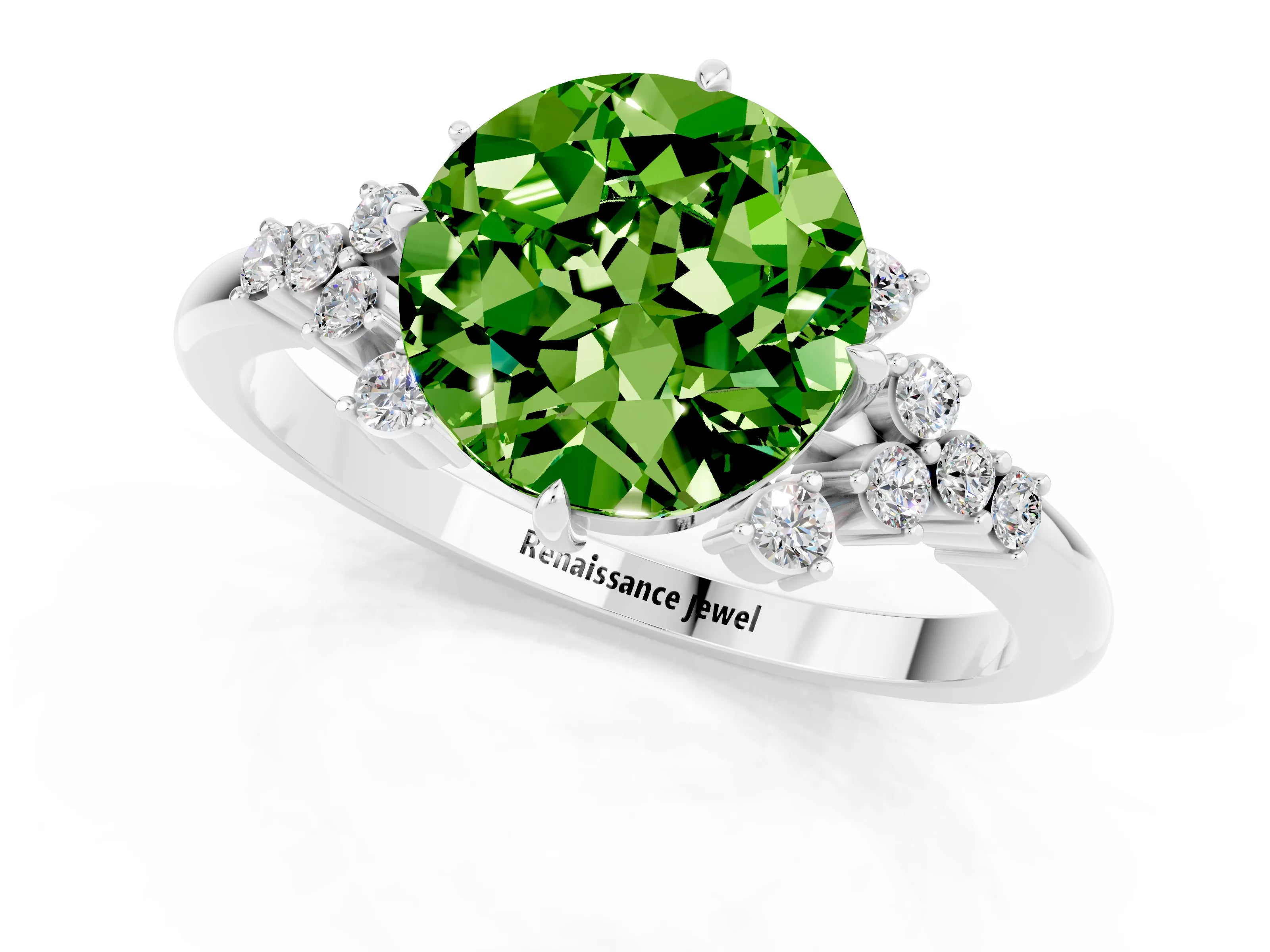 White gold Round Cut Peridot Ring with Side Stones and Four-Prong Setting_37