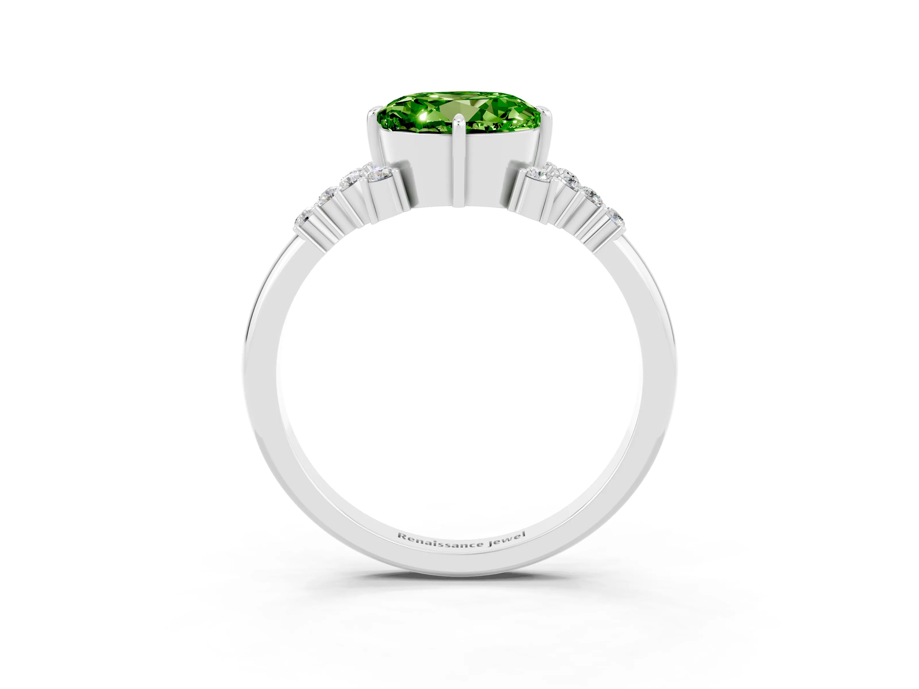 White gold Round Cut Peridot Ring with Side Stones and Four-Prong Setting_39