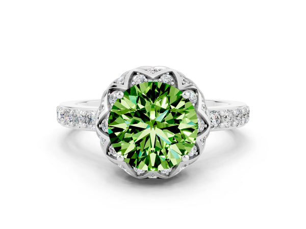 Platinum Round Cut Peridot Scalloped Halo Engagement Ring with Round Shared Prong Band