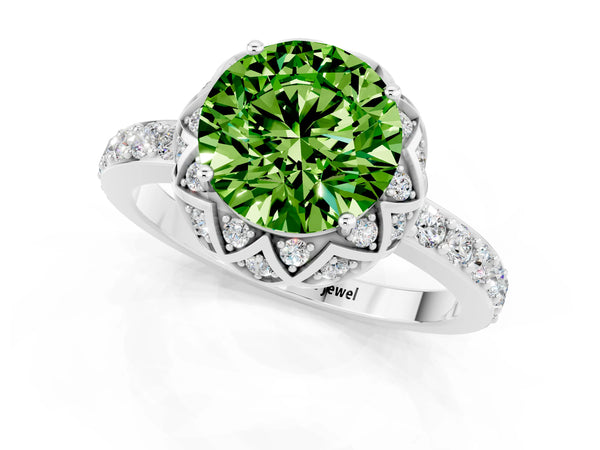 Platinum Round Cut Peridot Scalloped Halo Engagement Ring with Round Shared Prong Band