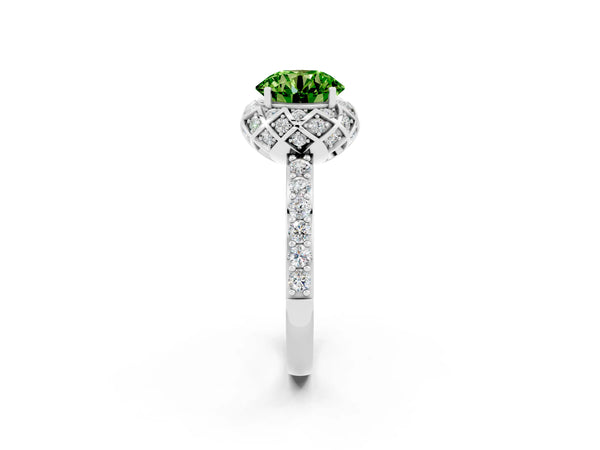 Platinum Round Cut Peridot Scalloped Halo Engagement Ring with Round Shared Prong Band