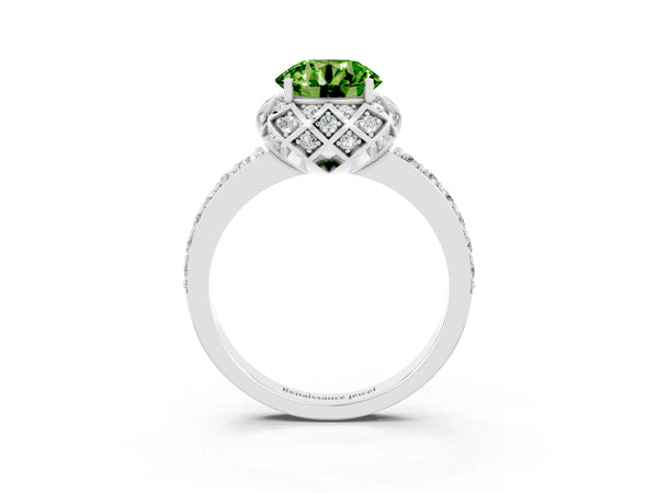 Platinum Round Cut Peridot Scalloped Halo Engagement Ring with Round Shared Prong Band