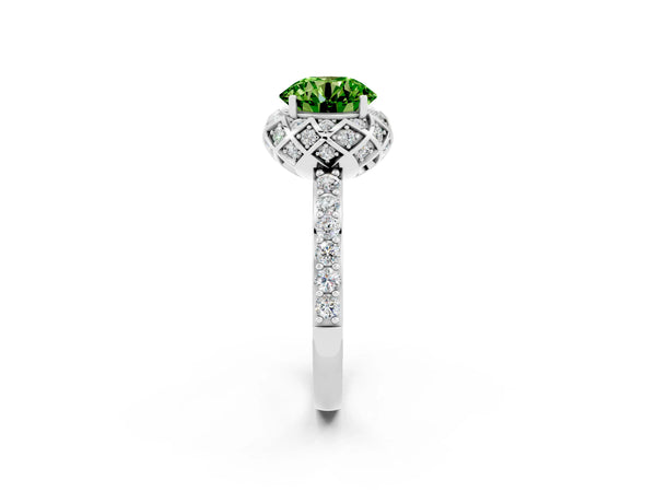 White gold Round Cut Peridot Scalloped Halo Engagement Ring with Round Shared Prong Band