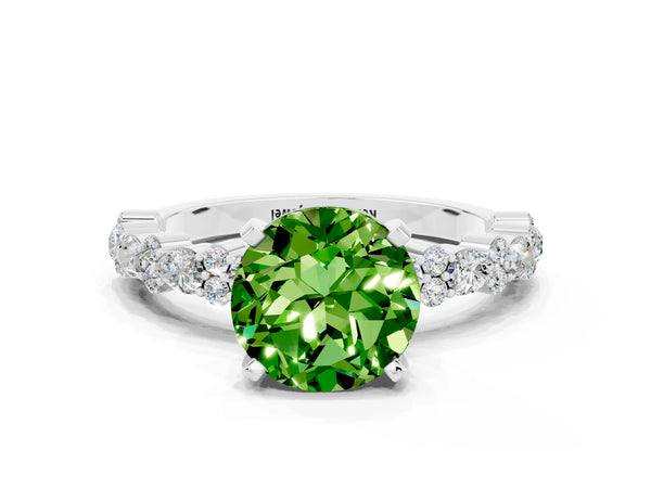 White gold Round Cut Peridot Side Stone Solitaire Ring with Round  and Four-Prong Setting