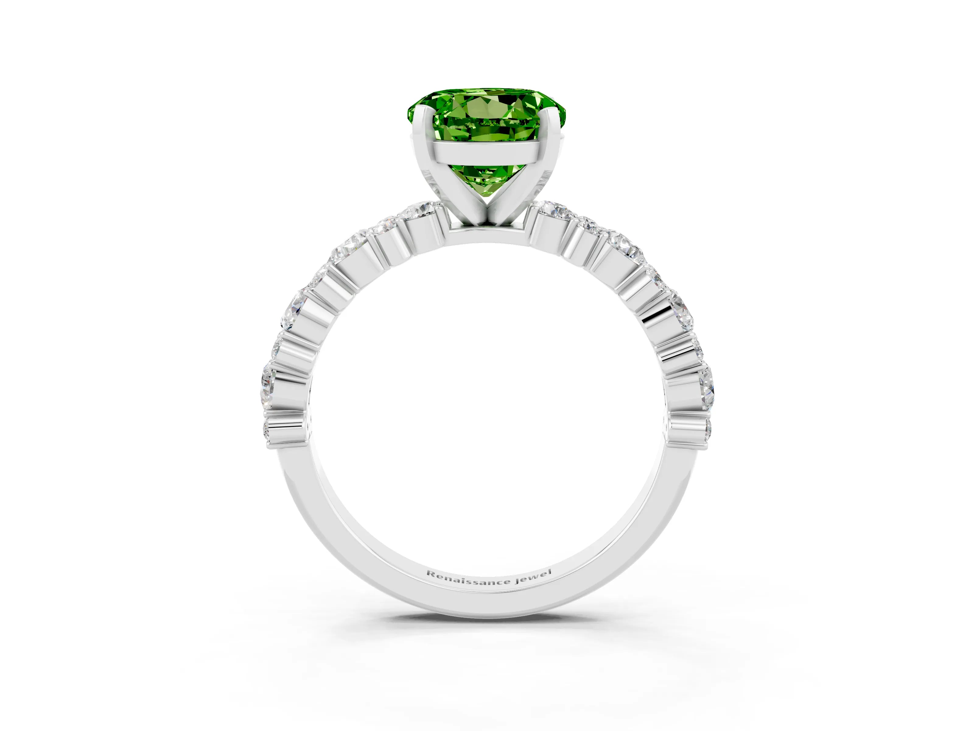 White gold Round Cut Peridot Side Stone Solitaire Ring with Round  and Four-Prong Setting_51
