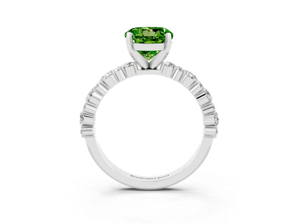 White gold Round Cut Peridot Side Stone Solitaire Ring with Round  and Four-Prong Setting